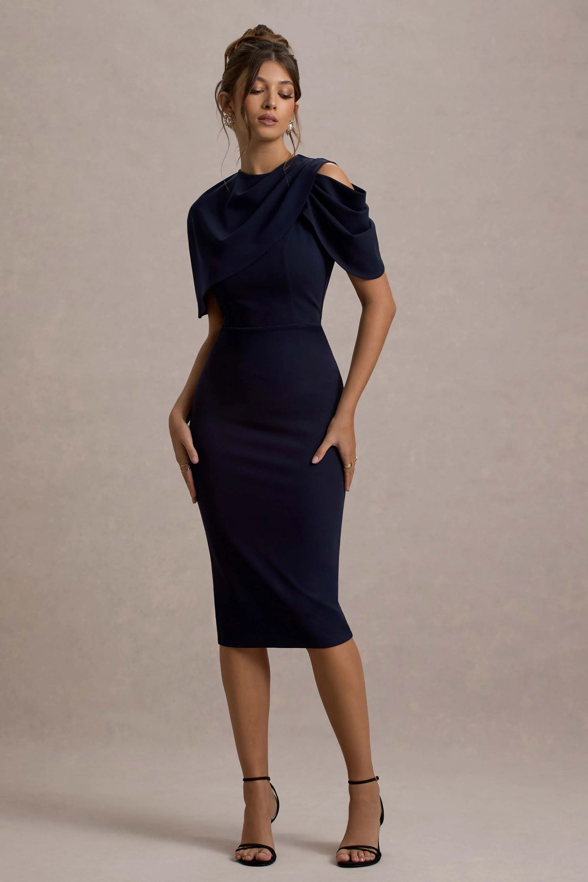 Dorothea | Navy Draped Midi Dress With Cape